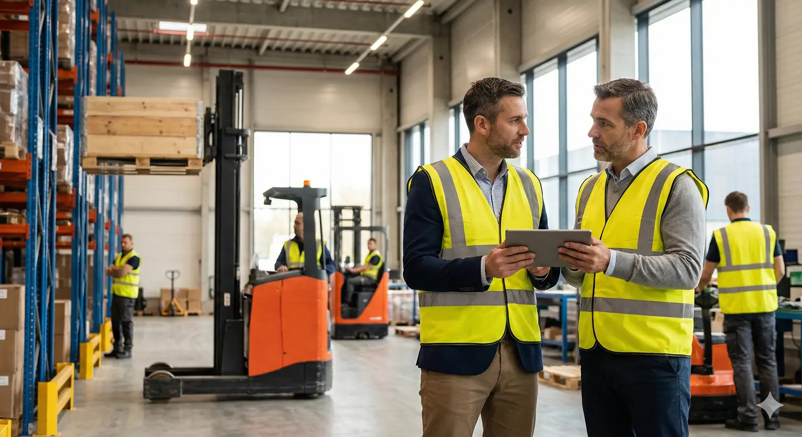 倉儲現場經理人討論與堆高機作業畫面